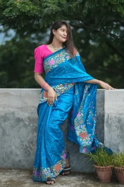 Half Silk Jamdani Saree - Blue